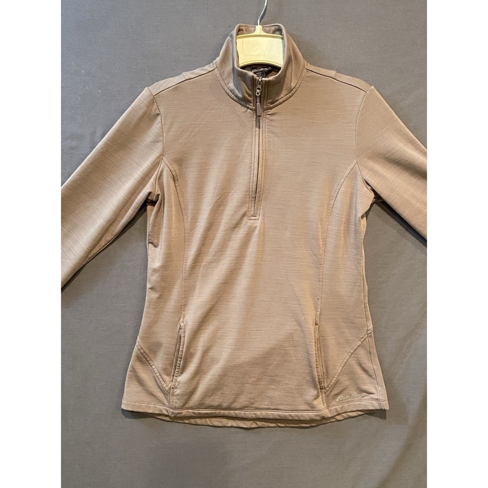 Eddie Bauer 1/2 Zip Shirt Women's S Beige Pullover Mock Neck Thumb holes - Picture 2 of 10
